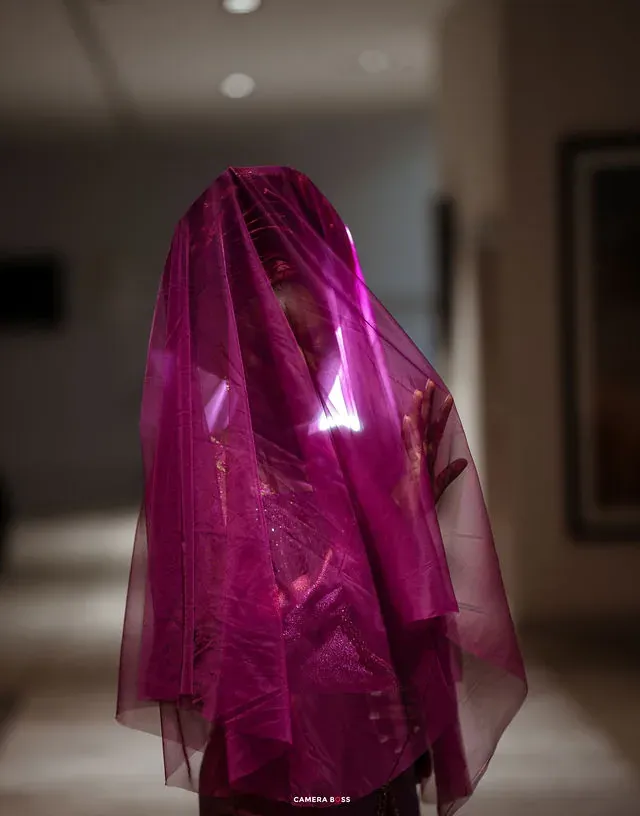 A portrait through a purple veil. CameraBoss portfolio: Tolu Prewedding Birmingham.