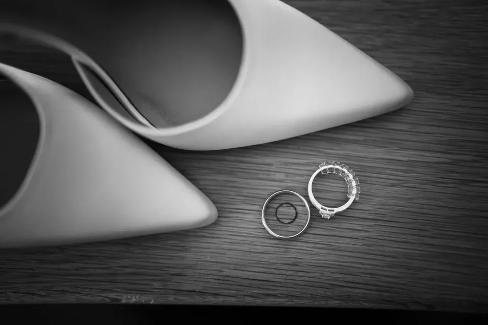 Wedding rings and white heels. CameraBoss portfolio: Opeyemi Wedding Portrait.