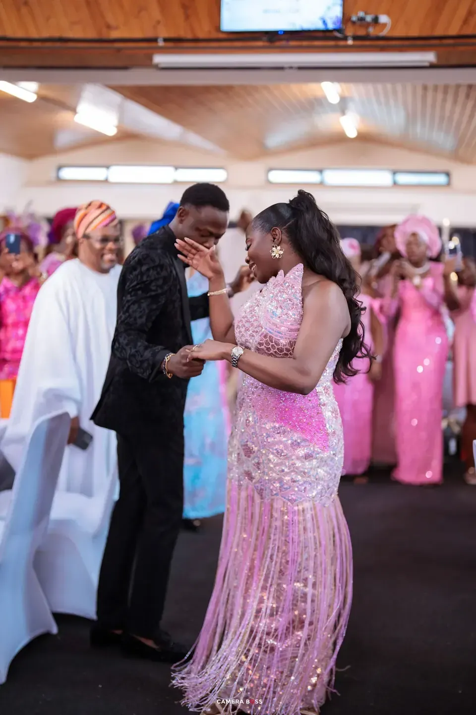 The couple dancing at their reception