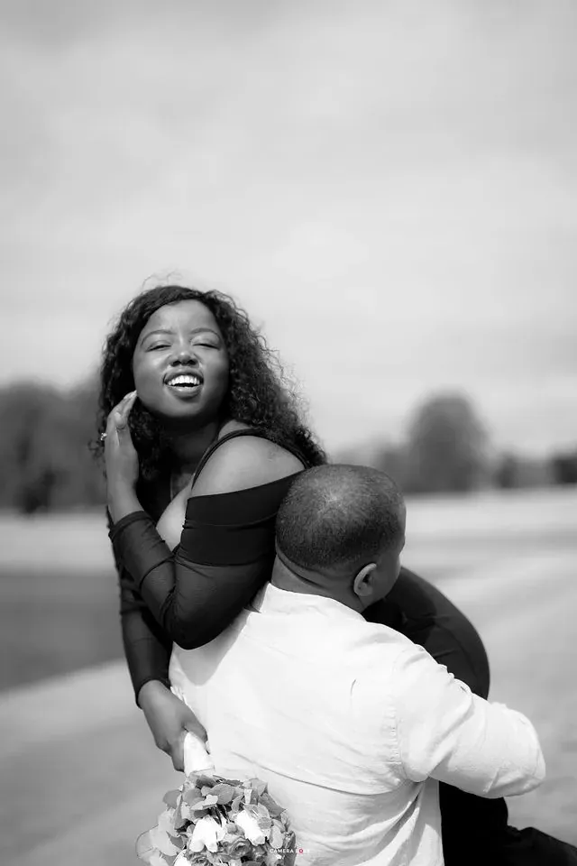 A black and white pre-wedding portrait together. CameraBoss portfolio: Oney Prewedding at Boughton House.