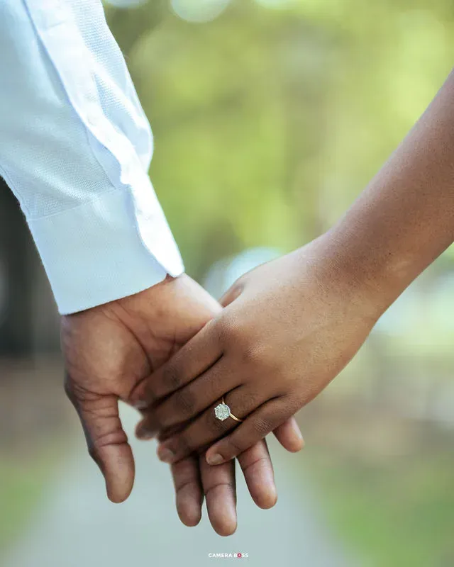 A close-up of a couple holding hands. CameraBoss portfolio: Tomilayo Prewedding London.