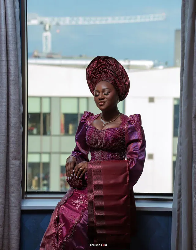 A pre-wedding portrait in purple formal attire. CameraBoss portfolio: Tolu Prewedding Birmingham.