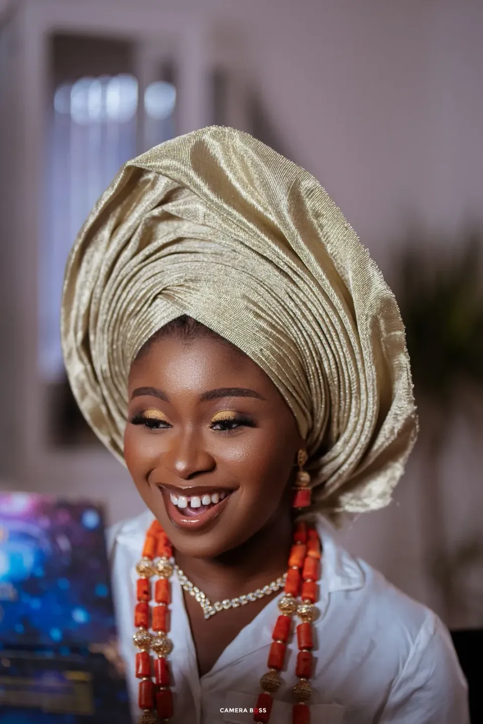 A series of elegant portrait shots showing traditional Nigerian gele headwrap and coral bead jewelry against an indoor setting.